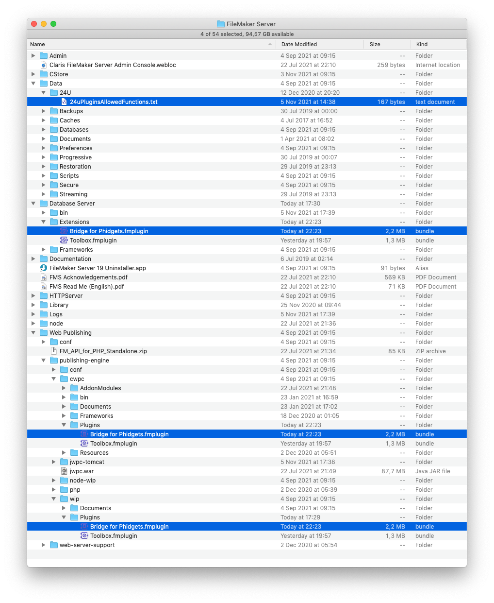 FileMaker Server installation folders