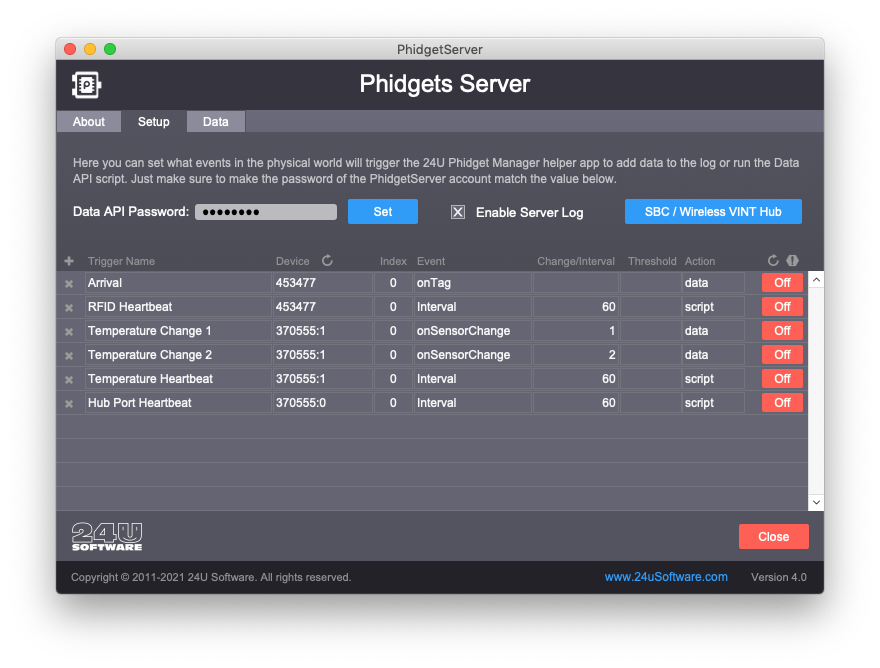 Phidget Server example with triggers