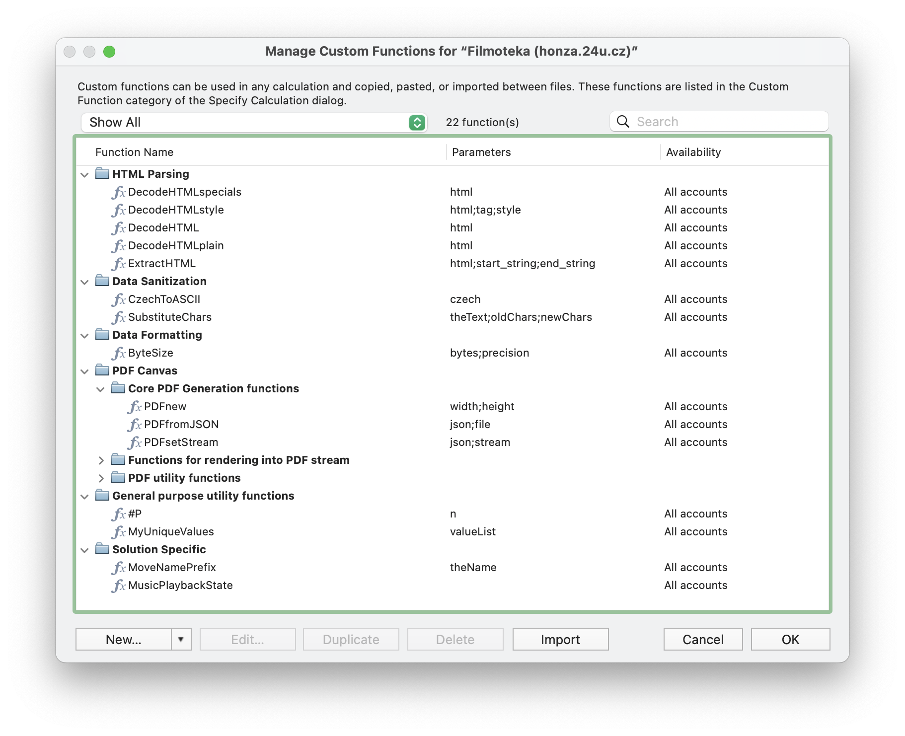 New Custom Functions dialog