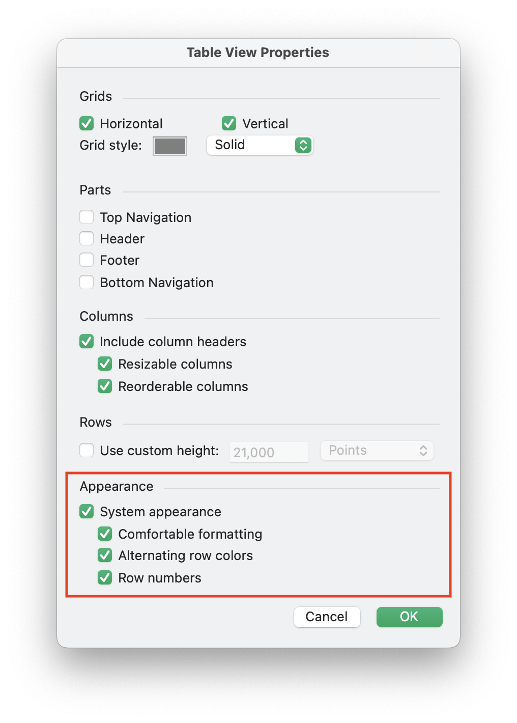 Table View options