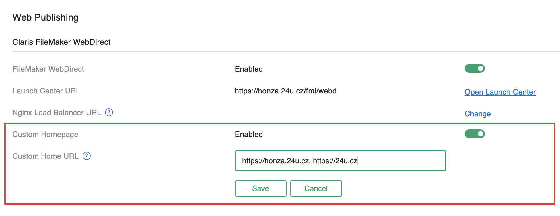 Setting up WbDirect custom homepage URLs in Admin Console